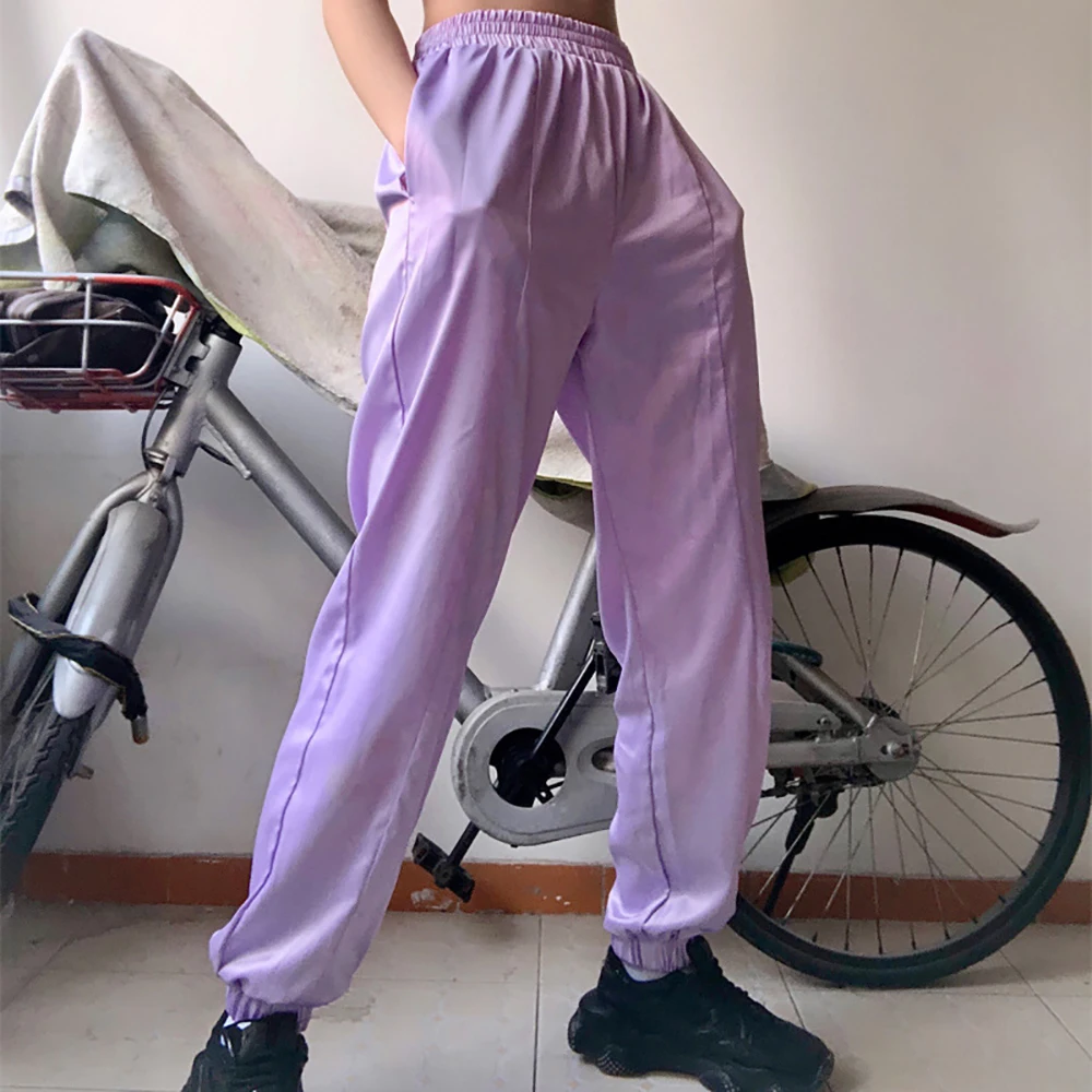 Фото Модные женские фиолетовые Сатиновые длинные брюки-карго для девушек свободные