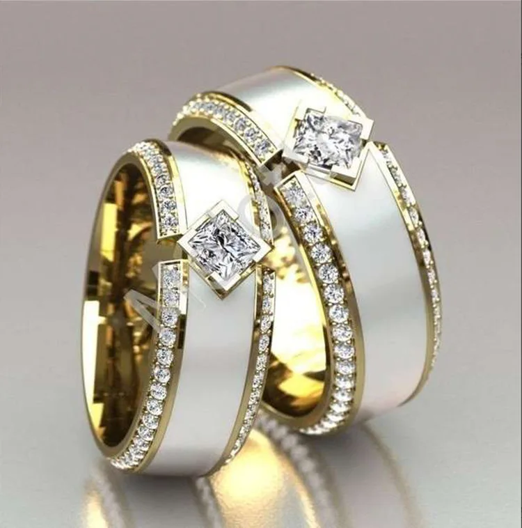 

Classics Gold Color Unisex Wedding Ring Ivory White Enamel Round Cut Zircon Crystal Ring Couple Lover's Jewelry Anniversary Gift