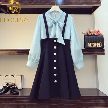 2020 Spring Autumn Lace up Bow Collar Solid Blue Soft Blouses Shirt and Single-breasted Strap Dress Two pieces Student Se
2020 Spring Autumn Lace up Bow Collar Solid Blue Soft Blouses Shirt and Single-breasted Strap Dress Two pieces Student Se