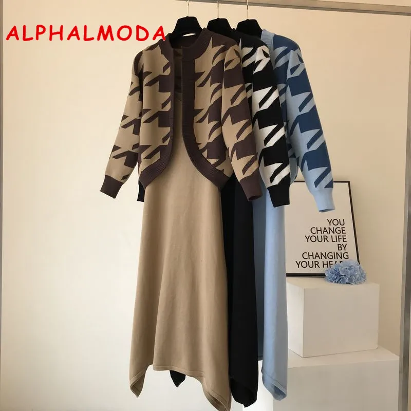ALPHALMODA 2019 Autumn Winter Women Houndstooth Cardigans + Sling-dress 2ps Fashion Suit Elegant Knitting 2pcs Set
ALPHALMODA 2019 Autumn Winter Women Houndstooth Cardigans + Sling-dress 2ps Fashion Suit Elegant Knitting 2pcs Set