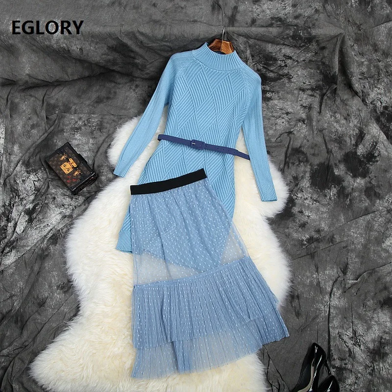 Two Piece Set 2019 Autumn Fashion Sweater Suit Women Geometric Patterns Knitted Pullovers+Polka Dot Mesh Skirt Set Blue Green
Two Piece Set 2019 Autumn Fashion Sweater Suit Women Geometric Patterns Knitted Pullovers+Polka Dot Mesh Skirt Set Blue Green