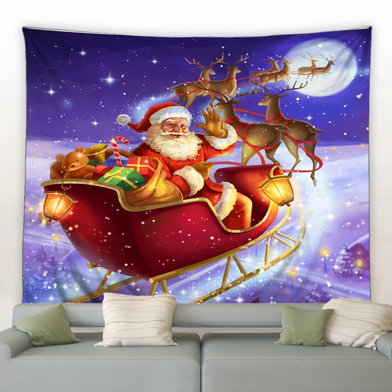 

Winter Christmas Snowy Night Santa Claus Snowman Reindeer Fireplace Tapestry Wall Hanging for Bedroom Living Room Home Decor