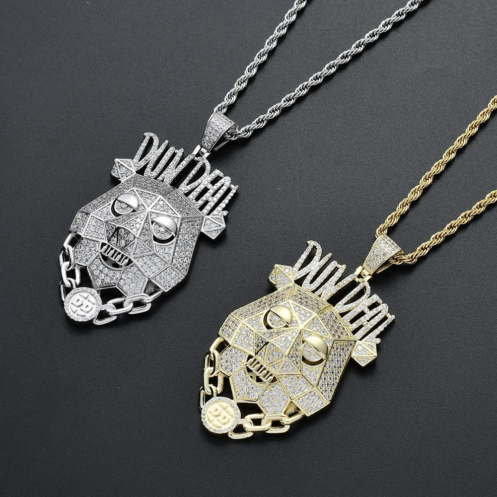

Hip Hop Jewelry High Quality Iced Out Chain 18K Gold Plated Bling CZ Simulated Diamond Dun Deal Dog Head Pendant Necklace