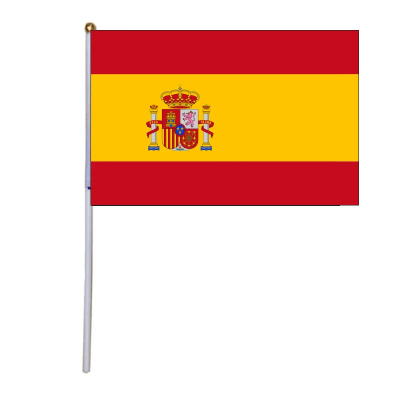 

free shipping xvggdg Spain National Flag with Plastic Flagpole hand waving flags Espana Polyester Flags 14 * 21 CM 100pcs