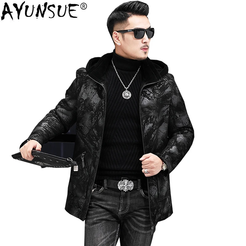 Мужская кожаная куртка AYUNSUE из натуральной кожи с капюшоном и овчиной AJHL19A2178 KJ3824