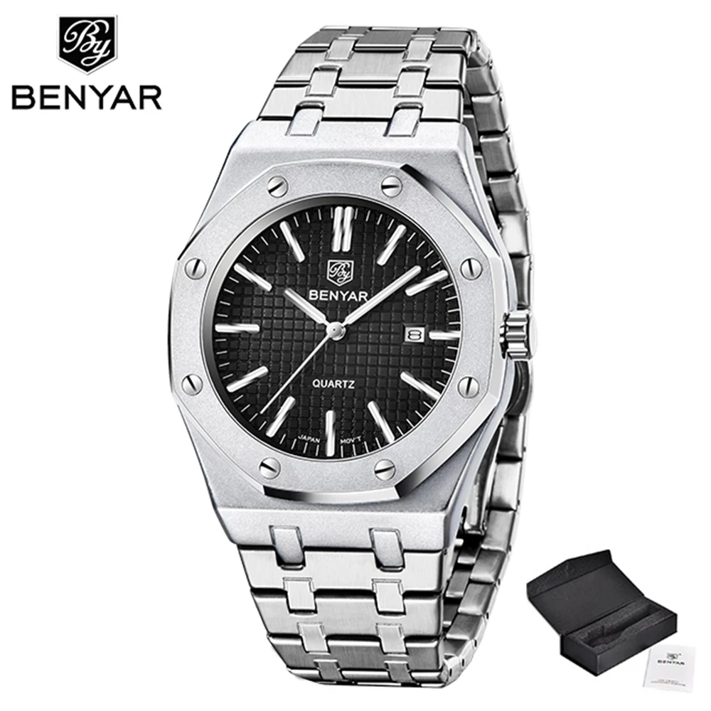 Benyar 2021 новые модные мужские кварцевые часы из нержавеющей стали автоматические