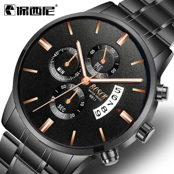 

Fashion Men Black Stainless Steel Sports Watches Quartz Date Clock Luminous Waterproof 3 Sub-dial Decoration Wristwatch