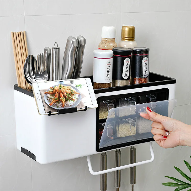 Multi-Function Kitchen Rack Spice Seasoning Box Seasoning Can Bottle Set Combination Knife Storage Holder Drain Shelf with Hooks
Multi-Function Kitchen Rack Spice Seasoning Box Seasoning Can Bottle Set Combination Knife Storage Holder Drain Shelf with Hooks