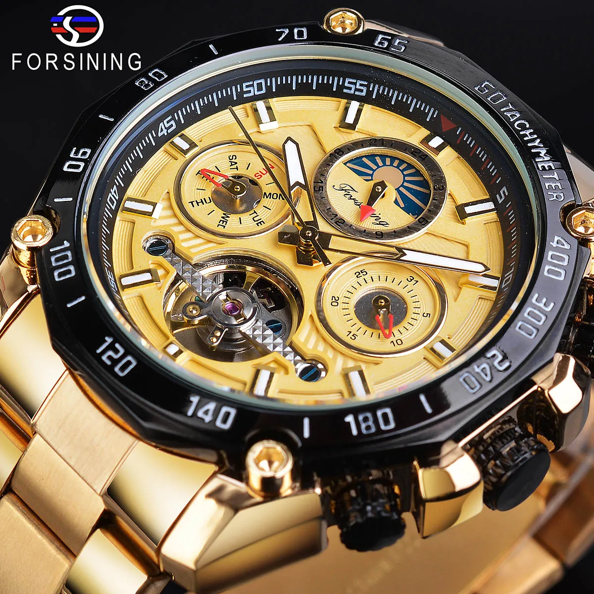 Forsining Golden Tourbillon Male Mechanical Watch Big Dial Automatic Moonphase Date Steel Band Sport Racing Car Wristwatch Clock
Forsining Golden Tourbillon Male Mechanical Watch Big Dial Automatic Moonphase Date Steel Band Sport Racing Car Wristwatch Clock