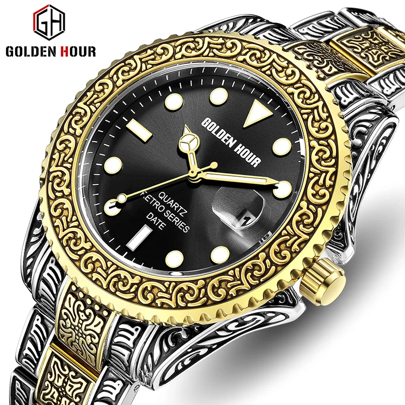 

2019 GOLDENHOUR New Items Men's Watch Business Men Quartz Clock Waterproof Calendar Steel Strap Wrist Watches Relogio Masculino