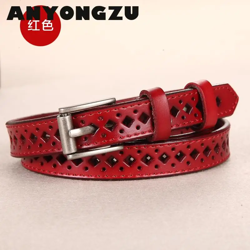 

ANYONGZU Brand Luxury New Female Really Cowhide Belt Hollow Red Black White Pin Buckle Leather Fashion Gift For denim shorts