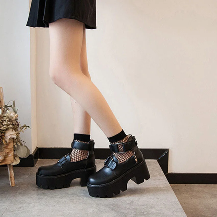

Туфли Lolita в готическом стиле с круглым носком, Туфли Мэри Джейн, японская Студенческая Униформа JK из искусственной кожи с ремешком на платформе, водонепроницаемые черные туфли