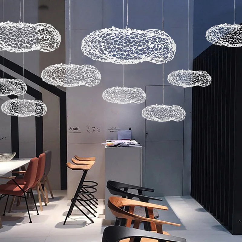 

Modern Nordic Starry Decoration Wire Net Mesh Cloud Shape Metal Weaving Iron Hanging Light Droplight for Hotel Shopping Mall