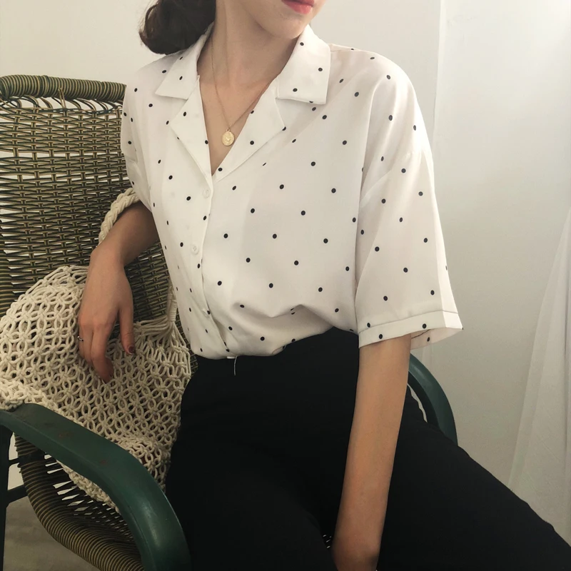 

Polka Dot Blouses For Women Summer Shirts Short Sleeve Solid V Neck Casual Tops Elegant Female Clothing #JJ35