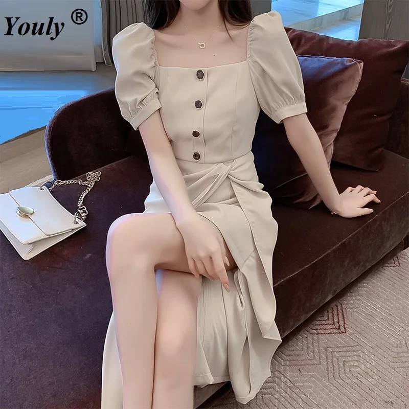 2021 French Style Vintage Button Square Neck Bubble Sleeve Bow Split Short Sleeve Party Dress Sexy Elegant Bodycon Midi Dress
2021 French Style Vintage Button Square Neck Bubble Sleeve Bow Split Short Sleeve Party Dress Sexy Elegant Bodycon Midi Dress
