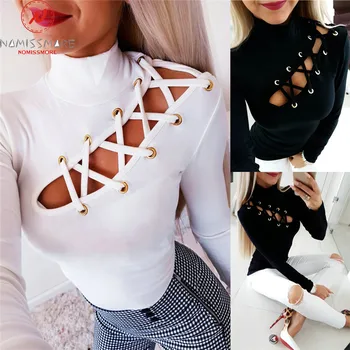 Women Long Sleeve T-Shirts Corn Eye Bandage Design Hollow Out High Collar Solid Color Top Elegant Lady Slim Streetwear Shirts
Women Long Sleeve T-Shirts Corn Eye Bandage Design Hollow Out High Collar Solid Color Top Elegant Lady Slim Streetwear Shirts
