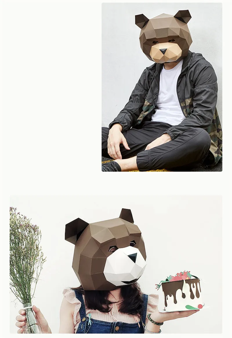 New DIY 3D Smile Teddy Bear Head Paper Mask Headgear Card Model Building Construction Toys Animals Party Show Halloween Props (3)