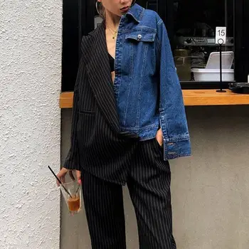 New Women Denim Patchwork Stripe Blazer Hit Color Asymmetric Jacket Coat Notched Streetwear Female Blazer Jacket
New Women Denim Patchwork Stripe Blazer Hit Color Asymmetric Jacket Coat Notched Streetwear Female Blazer Jacket