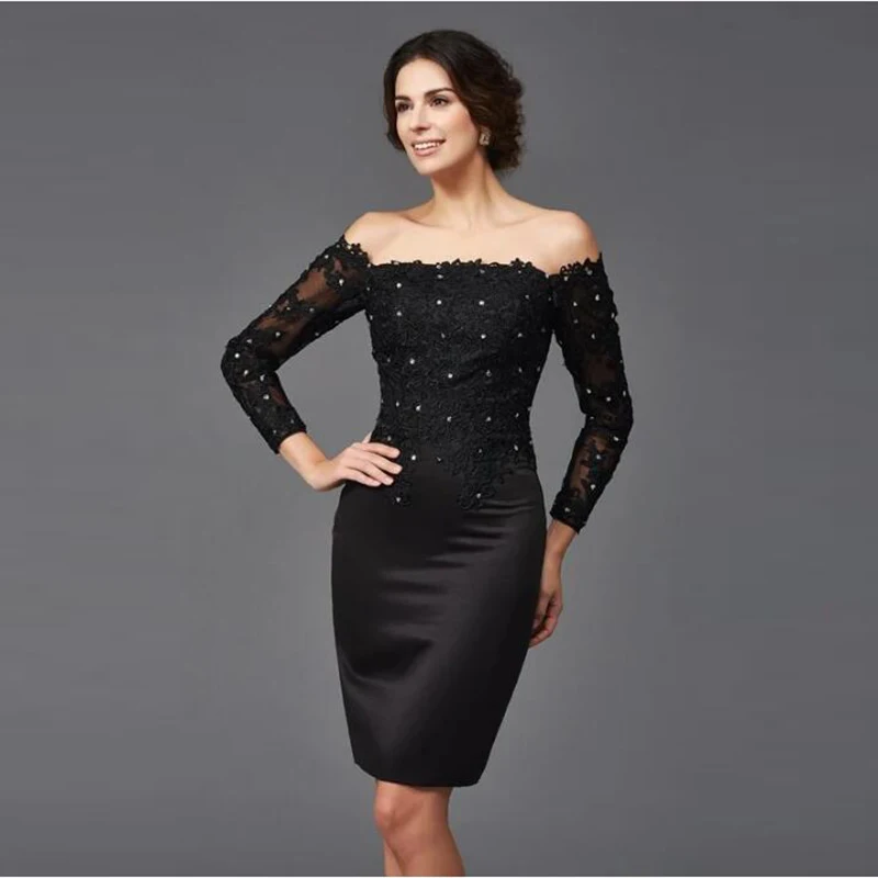 Latest Delicate Black Short Mother of the Bride Dresses Lace Beaded Off Shoulder Long Sleeves Wedding Guest Gowns Knee Length
Latest Delicate Black Short Mother of the Bride Dresses Lace Beaded Off Shoulder Long Sleeves Wedding Guest Gowns Knee Length
