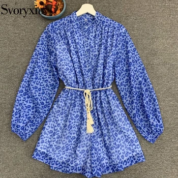 Svoryxiu Fashion Designer Autumn Female Blue Leopard Print Short Rompers Women Stand Collar Drawstring Waist Vintage Playsuits 
Svoryxiu Fashion Designer Autumn Female Blue Leopard Print Short Rompers Women Stand Collar Drawstring Waist Vintage Playsuits
