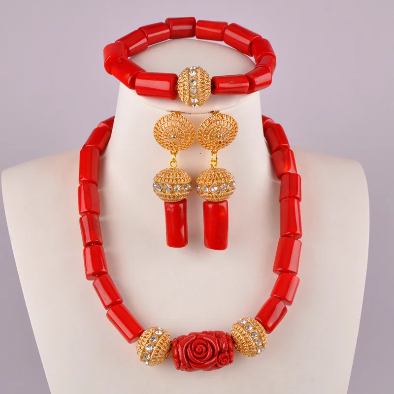 Фото Bride Wedding Jewelry Nigeria Red Coral Bead Necklace Bracelet Earring Set African AU-16 | Украшения и аксессуары