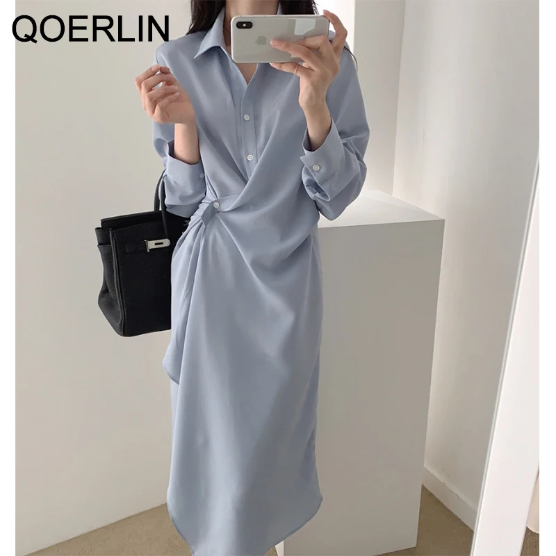 

QOERLIN Design Black Blue Long Shirt Dress Women Fashion High Waist Temperament Dress Turn-Down Collar Irregular Button Dresses