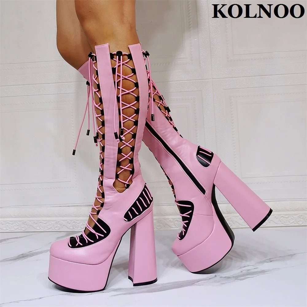 

Kolnoo New Hot Style Handmade Women Chunky Heel Sandals Crisscross Shoelace Sexy Platform Evening Xmas Club Fashion Party Shoes