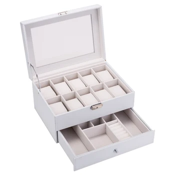 10 Slots Watch Box Mens Watch Organizer Lockable Jewelry Display Case with Real Glass Top Faux Leather White
10 Slots Watch Box Mens Watch Organizer Lockable Jewelry Display Case with Real Glass Top Faux Leather White
