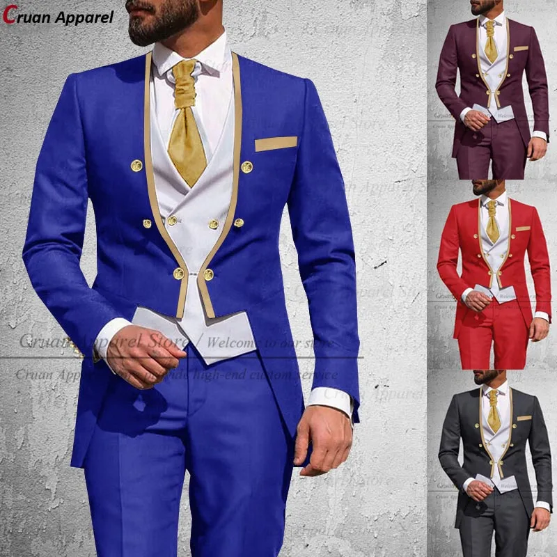 

Latest Royal Blue Suit Men 3Pcs Slim Fit Wedding Best Man Groom Tuxedo Double Breasted Gold Trim Jacket Vest Pants Set Tailcoat