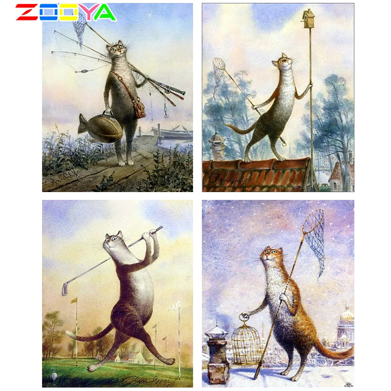 Алмазная вышивка Zooya полная круглая абстрактная смешная кошка рыбалка алмазная