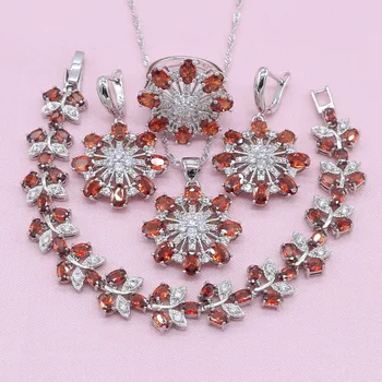 New Arrivals Red Zircon Silver Color Jewelry Sets For Women Wedding Flower Shaped Bracelet Earrings Necklace Pendant Ring
New Arrivals Red Zircon Silver Color Jewelry Sets For Women Wedding Flower Shaped Bracelet Earrings Necklace Pendant Ring