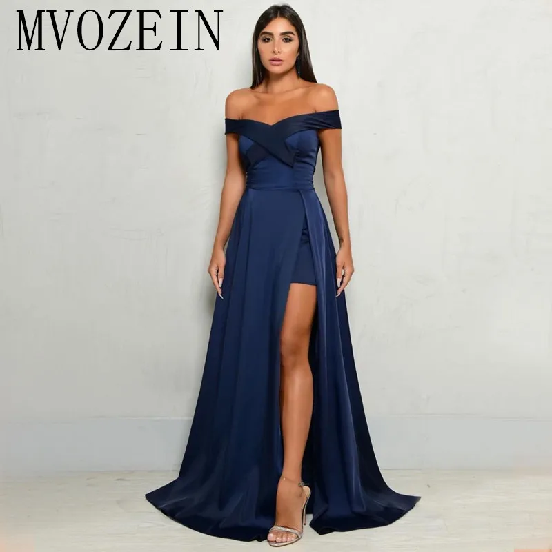 Navy Blue Evening Dresses Long Satin A-Line Off The Shoulder High Split Formal Evening Dress Party Gowns Vestidos
Navy Blue Evening Dresses Long Satin A-Line Off The Shoulder High Split Formal Evening Dress Party Gowns Vestidos