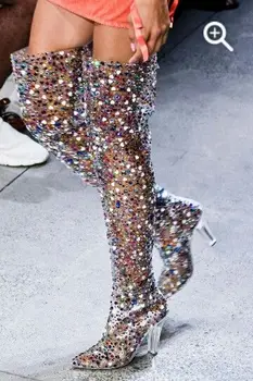 Sexy ladies Sequins Leather Botas Mujer Pointed Toe OverKnee High Heels Transparent PVC Clear Heel Long Rain Boots Woman
Sexy ladies Sequins Leather Botas Mujer Pointed Toe OverKnee High Heels Transparent PVC Clear Heel Long Rain Boots Woman