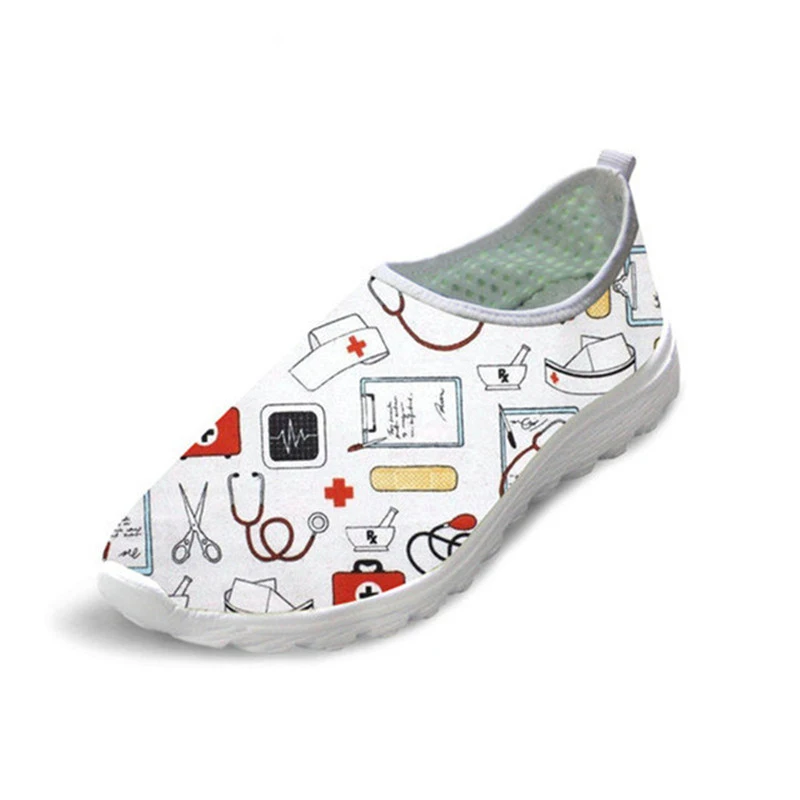 

WHEREISART Light Mesh Sneakers 3D Cartoon Nurse Print Women Spring Summer Slip-on Flat Shoes Comfortable Walking Zapatos Flats