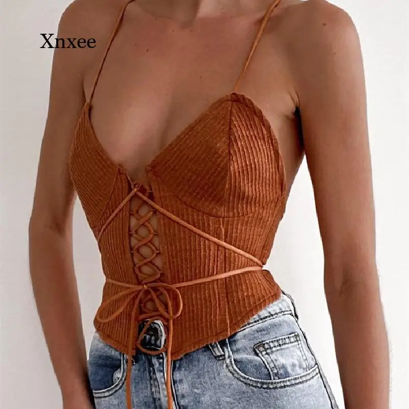 

Straps Crop Tops Vintage Fashion Sexy Bandage Tank Women Elegant Ribbed Hollow Out Backless Sleeveless Top Streetwear Clothing