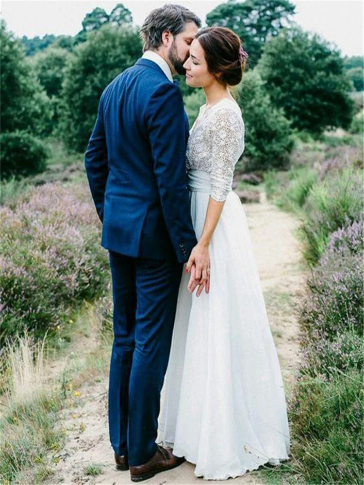 casamento gelinlik Boho Lace Chiffon Wedding Dresses Sexy Open Back Bride Wedding Gowns Long Sleeves Bohemia Beach Wedding Dress (4)