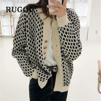 RUGOD vintage plaid pattern sweater cardigans for women o neck loose knitwear korean simple style fashion female elegant coats
RUGOD vintage plaid pattern sweater cardigans for women o neck loose knitwear korean simple style fashion female elegant coats