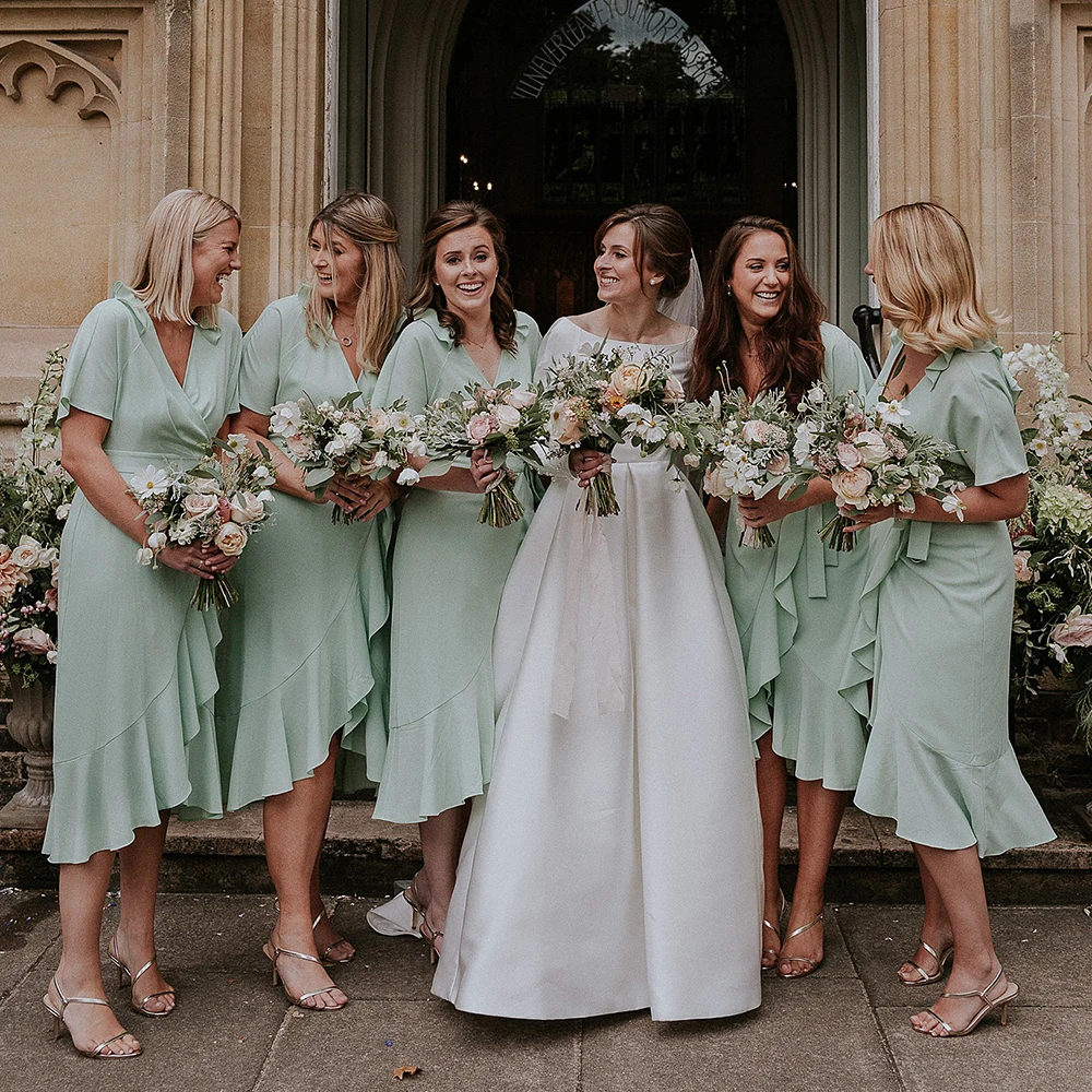 

Tea Length Ruffled Chiffon V Neck Bridesmaid Dress Custom Made Simple Mint Green High Low Wedding Guest Evening Cocktail Gown