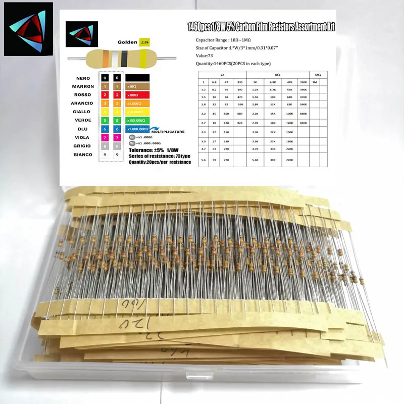 1/8W 5% 73valuesx20pcs = 1460pcs 1R ~ 1M Ohm карбоновая пленка Комплект резисторов в ассортименте
1/8W 5% 73valuesx20pcs = 1460pcs 1R ~ 1M Ohm карбоновая пленка Комплект резисторов в ассортименте
