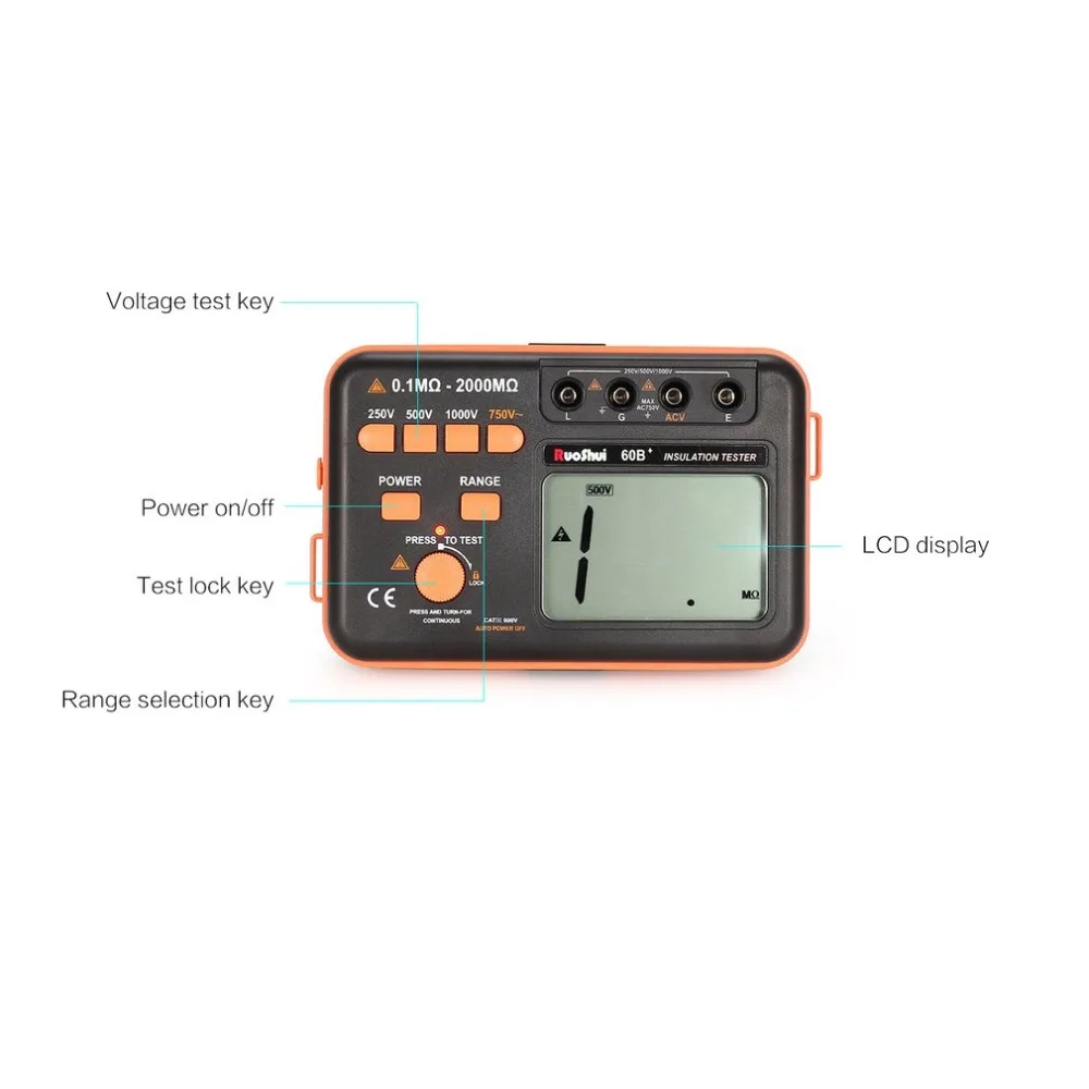 60B+ 1000V Digital Auto Range Insulation Resistance Meter Tester Megohmmeter Megger High Voltage LED Indication
60B+ 1000V Digital Auto Range Insulation Resistance Meter Tester Megohmmeter Megger High Voltage LED Indication