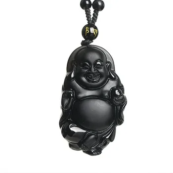 

Men Necklace Black Obsidian Pendant Laughing Buddha Maitreya Pendant Free Chain Gift for Female Fine Jade Jewelry