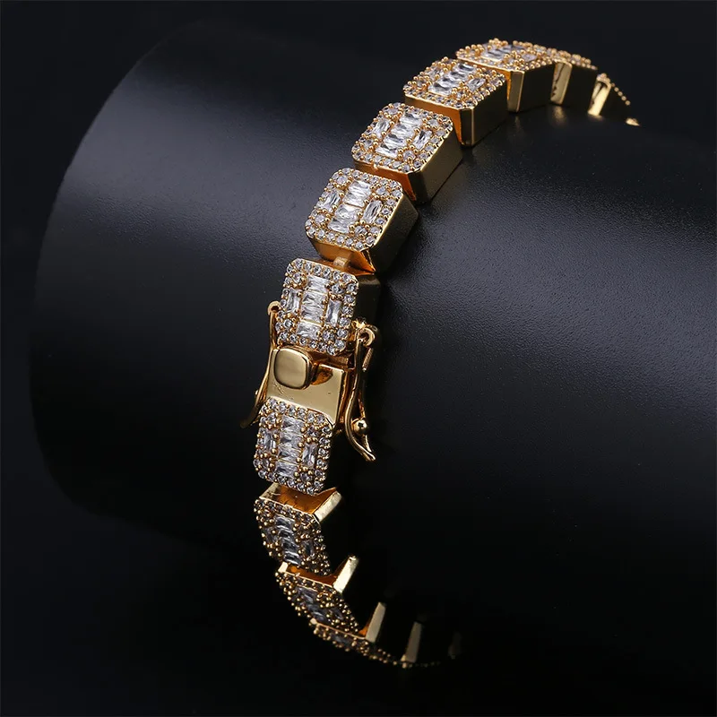 

AAA+ Cubic Zirconia Tennis Bracelet for Men Women Hip Hop Jewelry Iced Out 1 Row Bling Sqaure CZ Charms Bracelets Gold Color