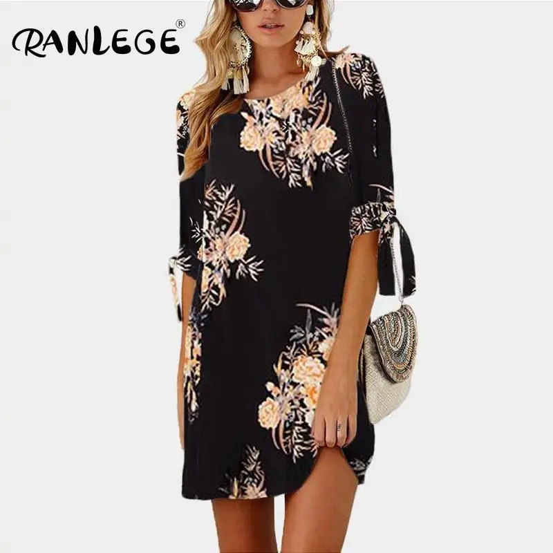 Женское шифоновое пляжное платье туника RANLEGE свободное мини с цветочным принтом
