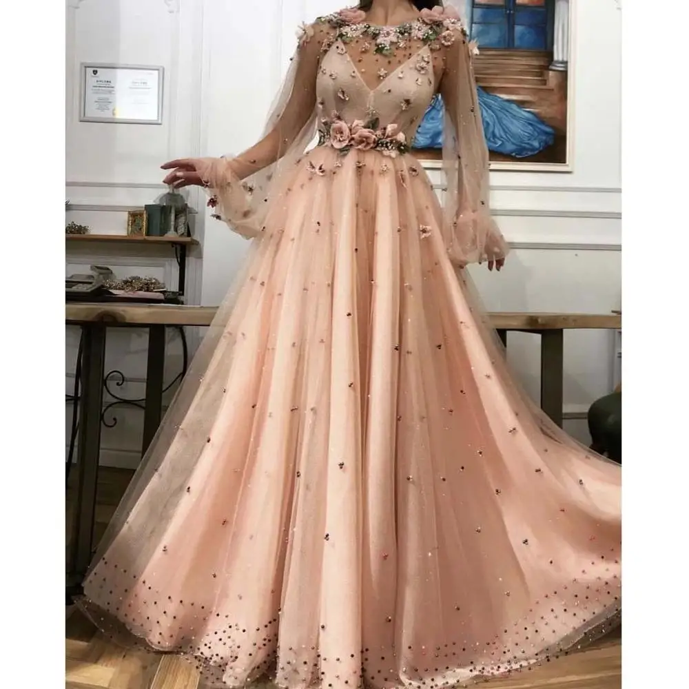 Robe de soiree 2019 Elegant Pink Long Sleeve Prom Gown A Line Beaded Tulle Evening Formal Dresses Illusion Neck 3D Applique Gown
Robe de soiree 2019 Elegant Pink Long Sleeve Prom Gown A Line Beaded Tulle Evening Formal Dresses Illusion Neck 3D Applique Gown
