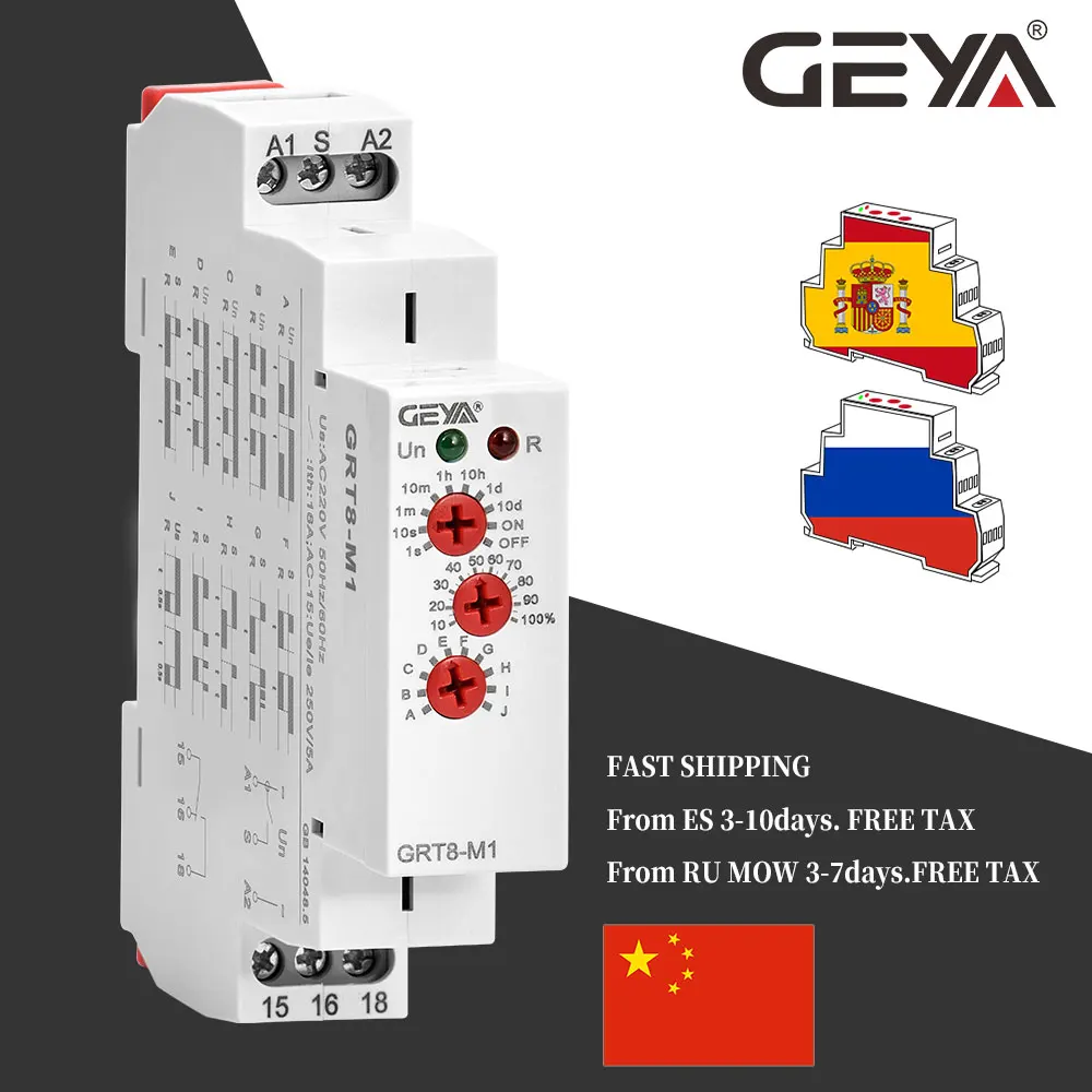 GEYA Din Rail Multifunction Timer Relay with 10 Function Choices AC DC 12V 24V 220V 230V Time Relay GRT8-M
GEYA Din Rail Multifunction Timer Relay with 10 Function Choices AC DC 12V 24V 220V 230V Time Relay GRT8-M
