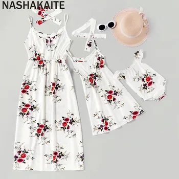 

NASHAKAITE Mom and daughter matching clothes Floral White Casual Tunic Matching Dresses For Mother Daughter Baby Family Look