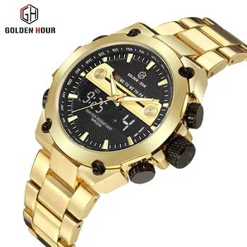 GOLDENHOUR Sports Military Quartz Watches Men Dual Time Display Analog Digital Watch Golden Full Steel Strap Calendar Wristwatch
GOLDENHOUR Sports Military Quartz Watches Men Dual Time Display Analog Digital Watch Golden Full Steel Strap Calendar Wristwatch