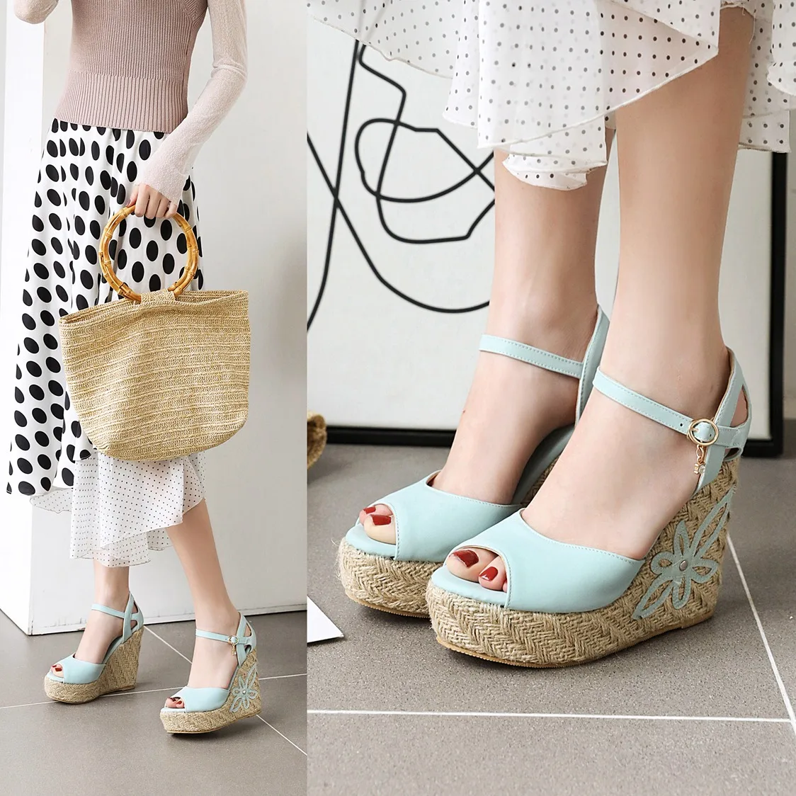 LOW price Women sandals summer pumps plus size 22-28cm super high heel 12.5cm Decal wedge applique flowers with bow buckle
LOW price Women sandals summer pumps plus size 22-28cm super high heel 12.5cm Decal wedge applique flowers with bow buckle