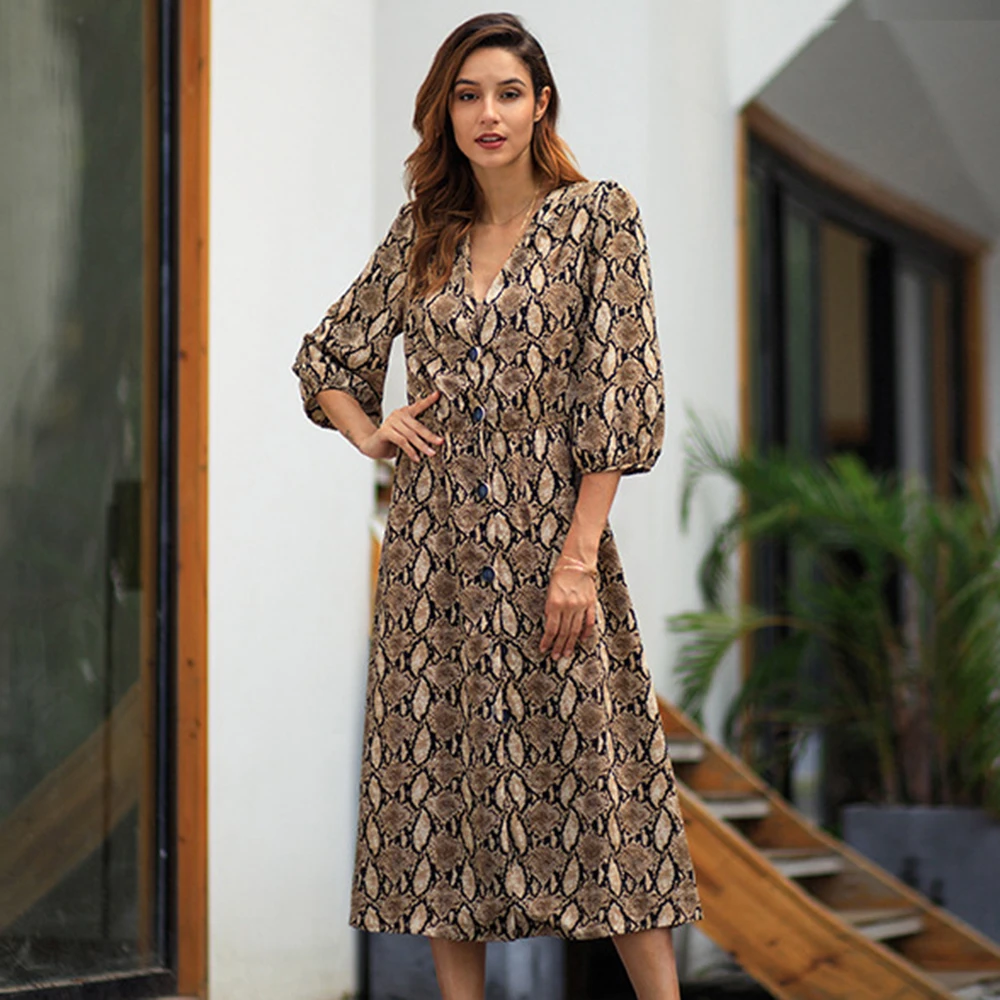 Women Long Dress Summer V-Neck 3/4 Sleeve Snake Printing dresses elegant Button Down Fashion OL office lady work a line dress
Women Long Dress Summer V-Neck 3/4 Sleeve Snake Printing dresses elegant Button Down Fashion OL office lady work a line dress