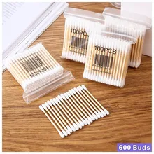6 pacotes 600 peças de algodão ultra-macio hastes real bambu algodão botões para limpeza ferramenta para cuidados com a cabeça dupla cotonetes transporte da gota(China)